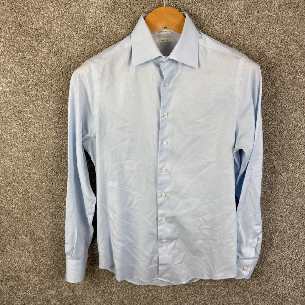 Suitsupply Traveller Mens 14 36 Dress Shirt Slim Fit Blue Textured Long Sleeve - Picture 2 of 6